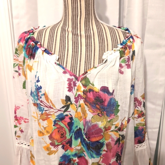 Spense Women's Bohemian Floral Tunic Top Tropical Flowy Bell Sleeves Size Large - Picture 2 of 9